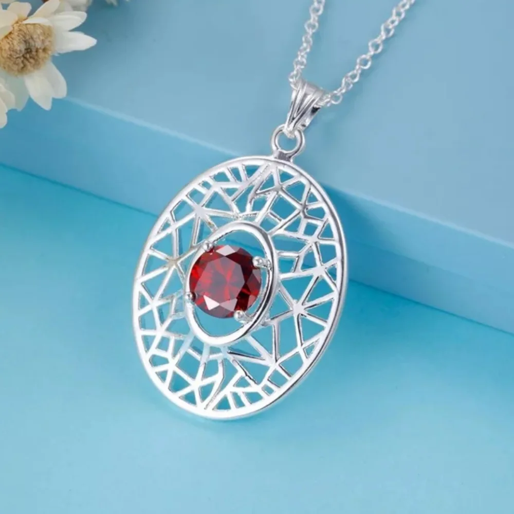 Red CZ Silver Pendant Necklace